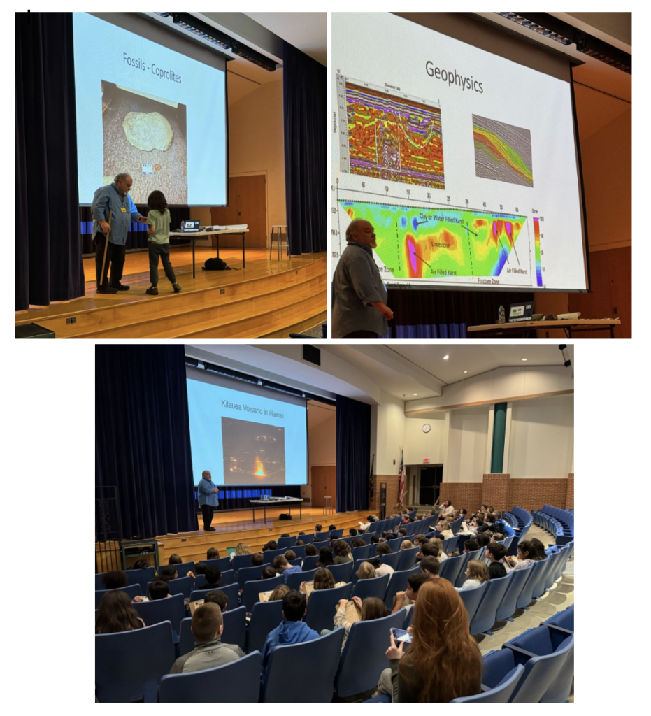 Geologist visits Nitrauer Elementary School, wide shot of students in the auditorium listening to the guest speaker and speaker on stage